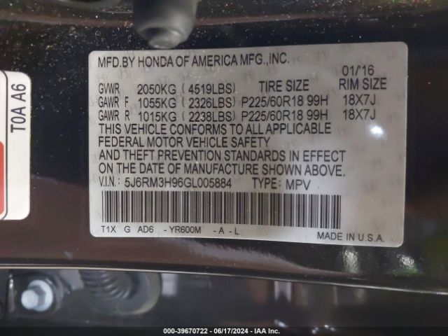 5J6RM3H96GL005884 Honda Cr-v Touring