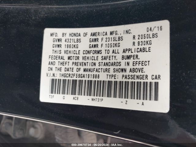 1HGCR2F59GA191988 Honda Accord Sport
