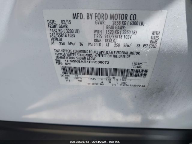 1FM5K8AR1FGC08072 Ford Utility Police Interceptor