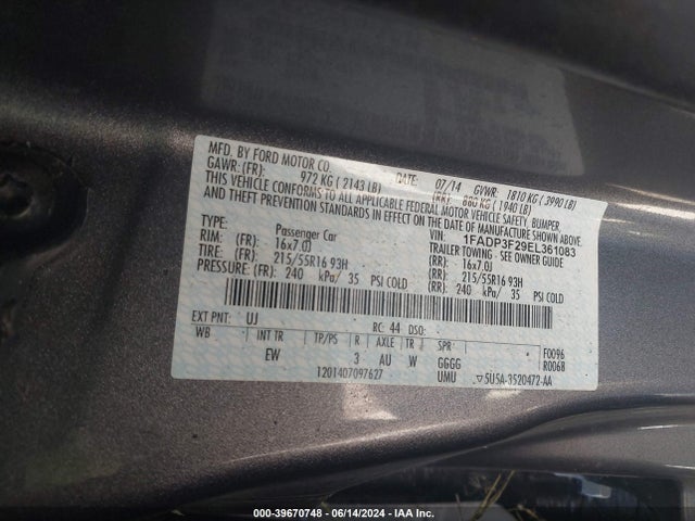 Ford FOCUS SE 2014 1FADP3F29EL361083 Image 9