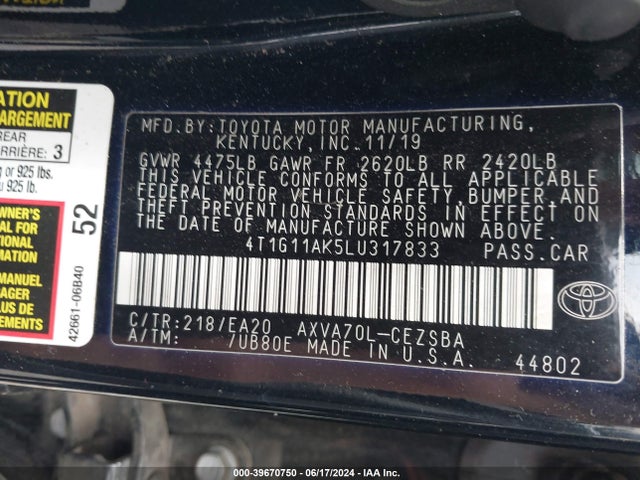 Toyota CAMRY SE 2020 4T1G11AK5LU317833 Image 9