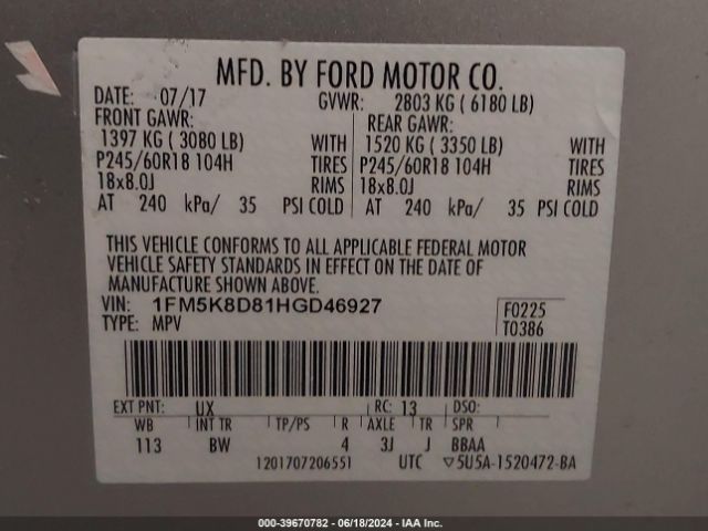 1FM5K8D81HGD46927 Ford EXPLORER XLT