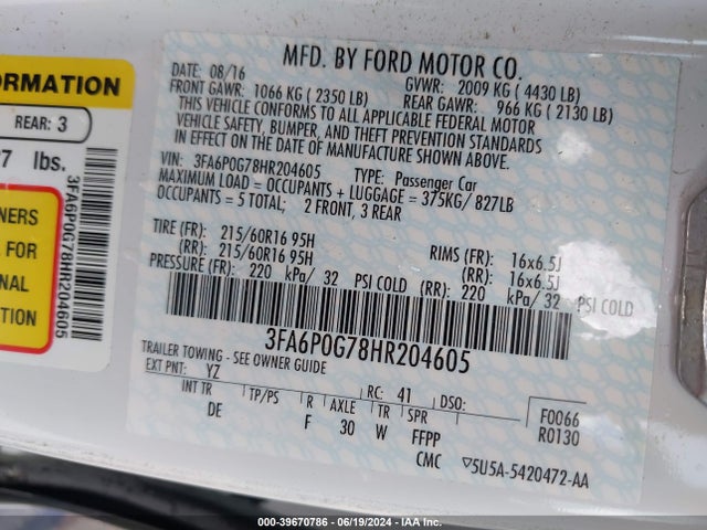 Ford FUSION S 2017 3FA6P0G78HR204605 Image 9