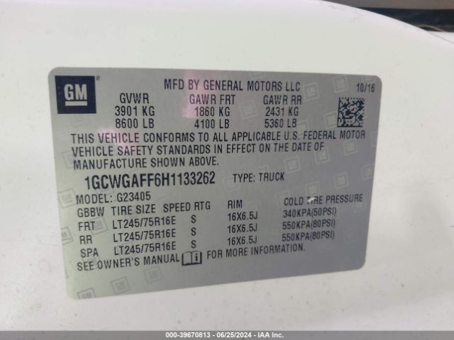 1GCWGAFF6H1133262 Chevrolet Express 2500 Work Van