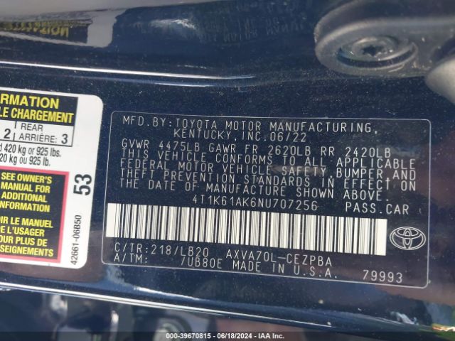 4T1K61AK6NU707256 Toyota CAMRY XSE