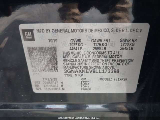 3GNAXKEV9LL173398 Chevrolet Equinox Fwd Lt 1.5l Turbo