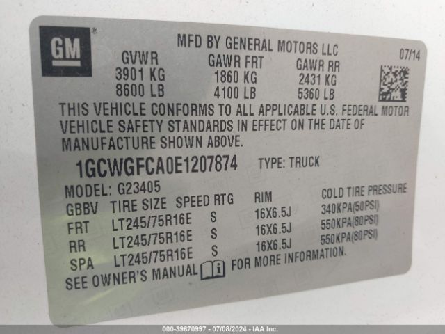 1GCWGFCA0E1207874 Chevrolet Express 2500 Work Van