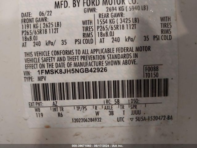 1FMSK8JH5NGB42926 Ford Explorer Timberline