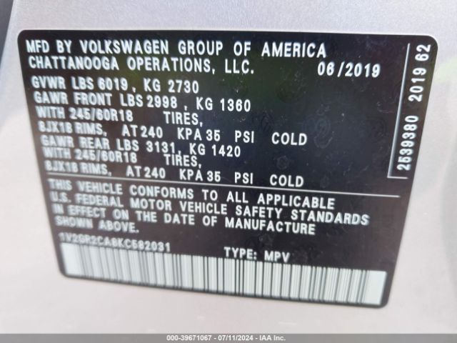 1V2GR2CA8KC582031 Volkswagen Atlas 3.6l V6 S