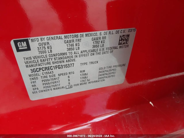 Chevrolet Silverado 1500 1lt 2015 3GCPCREC1FG316377 Image 9