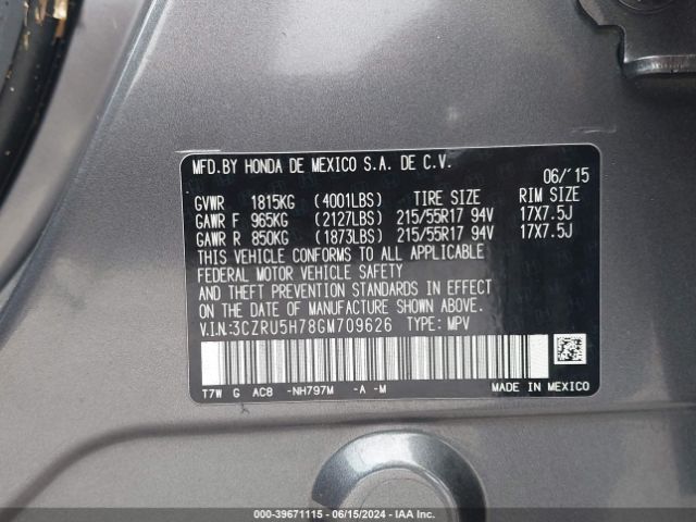 3CZRU5H78GM709626 Honda Hr-v Ex-l
