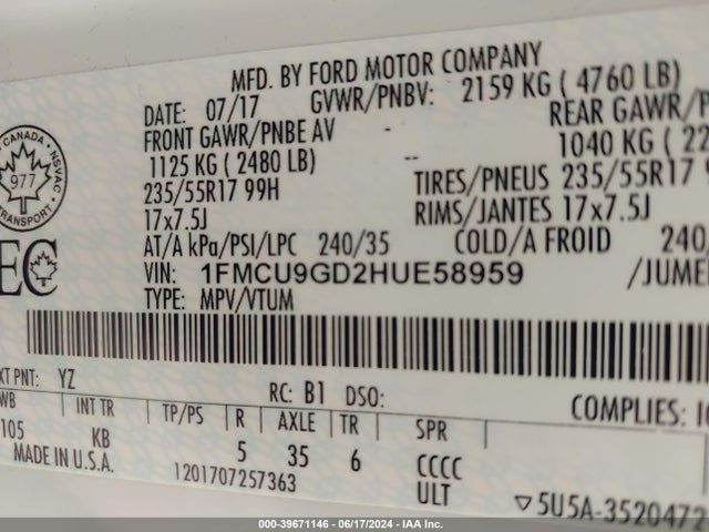 Ford ESCAPE SE 2017 1FMCU9GD2HUE58959 Image 9