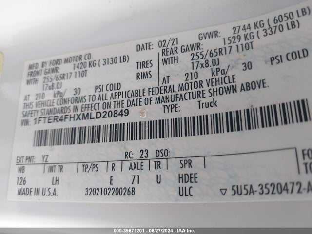 Ford RANGER XL 2021 1FTER4FHXMLD20849 Image 9