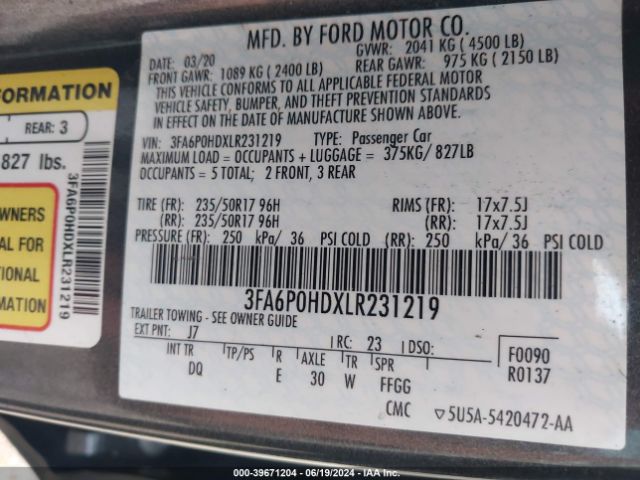 3FA6P0HDXLR231219 Ford FUSION SE