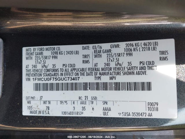 Ford ESCAPE S 2016 1FMCU0F75GUC73407 Image 9