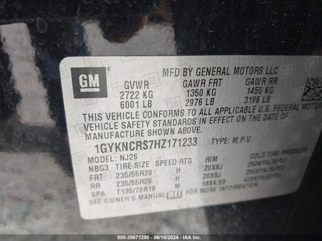 1GYKNCRS7HZ171233 Cadillac Xt5 Premium Luxury