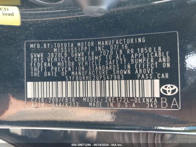 5YFBURHE2GP547983 Toyota Corolla Le Plus