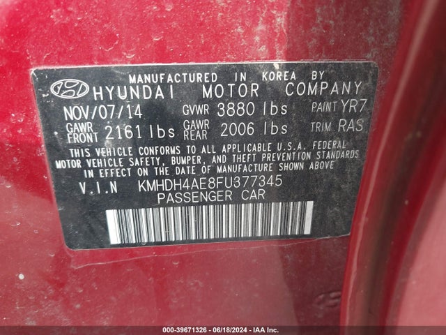 Hyundai ELANTRA SE 2015 KMHDH4AE8FU377345 Image 9