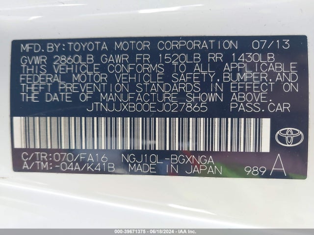 JTNJJXB00EJ027865 Scion IQ
