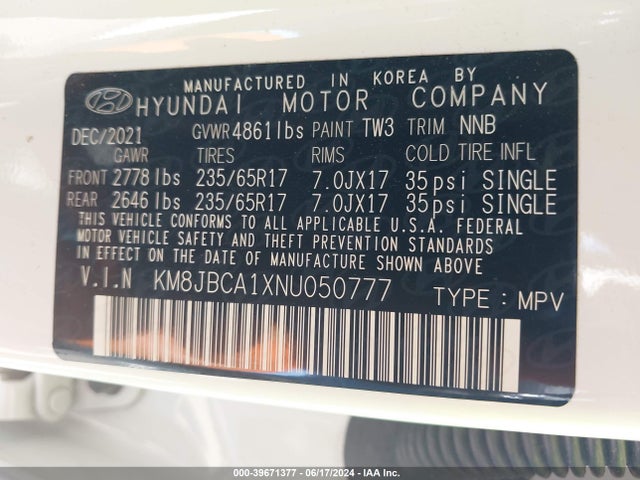 KM8JBCA1XNU050777 Hyundai Tucson Hybrid Blue