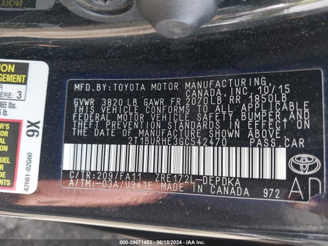 Toyota COROLLA L 2016 2T1BURHE3GC542470 Image 9