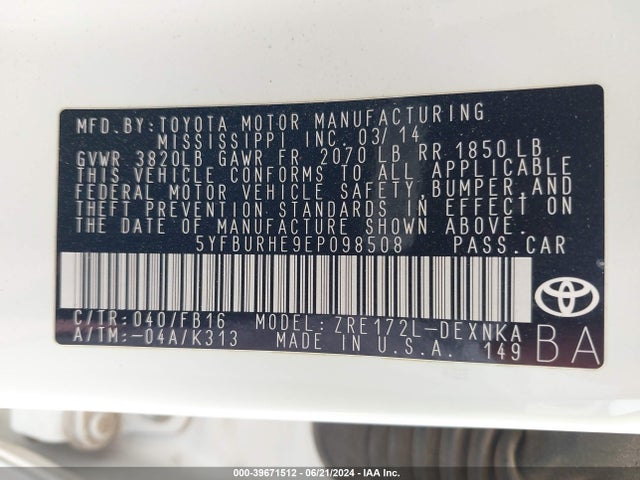 Toyota COROLLA LE 2014 5YFBURHE9EP098508 Image 9