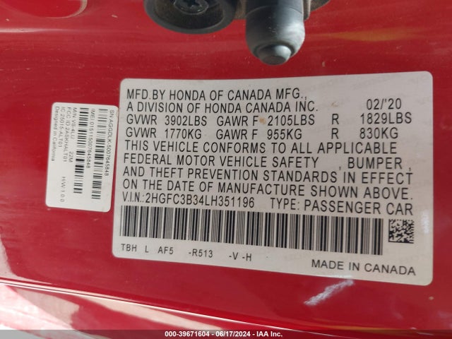 Honda CIVIC EX 2020 2HGFC3B34LH351196 Image 9