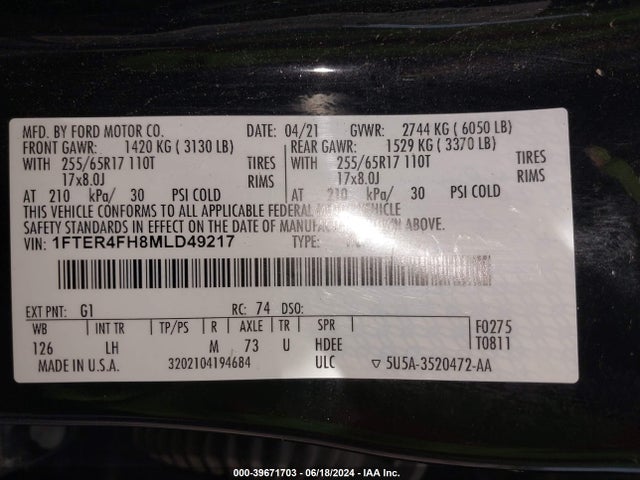 Ford Ranger Xlt 2021 1FTER4FH8MLD49217 Image 9