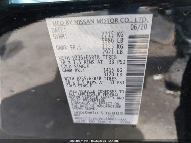 5N1DL0MM7LC536805 Infiniti Qx60 Luxe Awd