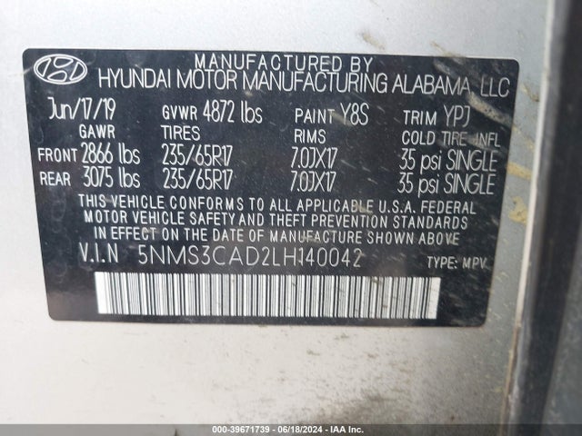 Hyundai Santa Fe Sel 2020 5NMS3CAD2LH140042 Image 9
