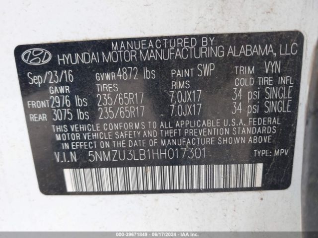 5NMZU3LB1HH017301 Hyundai Santa Fe Sport 2.4l