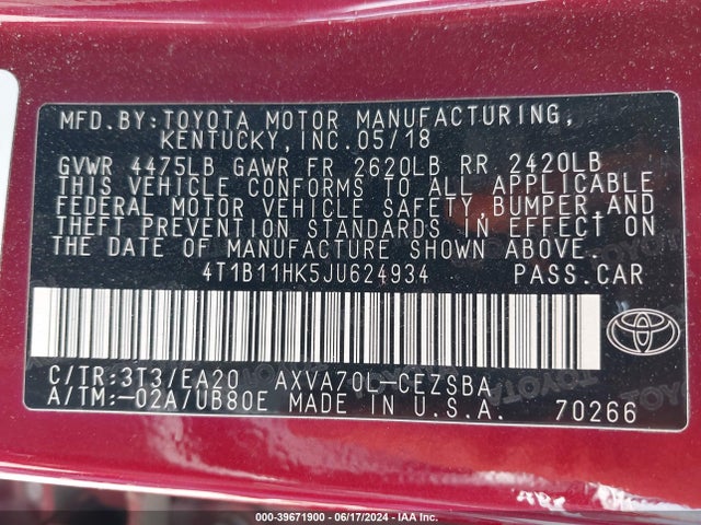 Toyota CAMRY SE 2018 4T1B11HK5JU624934 Image 9