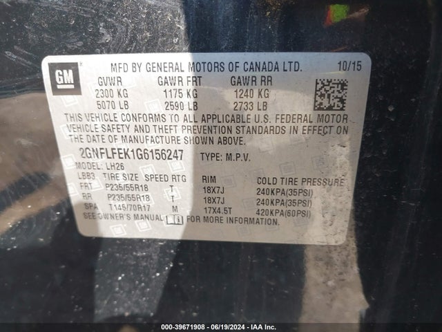 Chevrolet EQUINOX LT 2016 2GNFLFEK1G6156247 Image 9