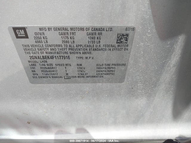 Chevrolet EQUINOX 1LT 2015 2GNALBEK4F1177916 Image 9