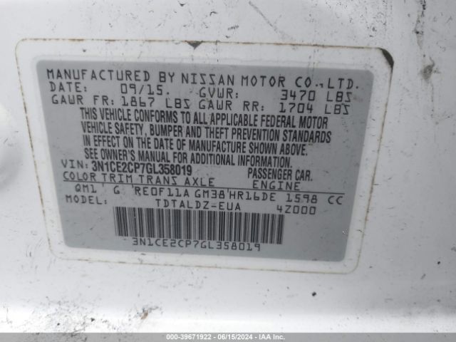 3N1CE2CP7GL358019 Nissan Versa Note S (sr)/s Plus/sl/sr/sv