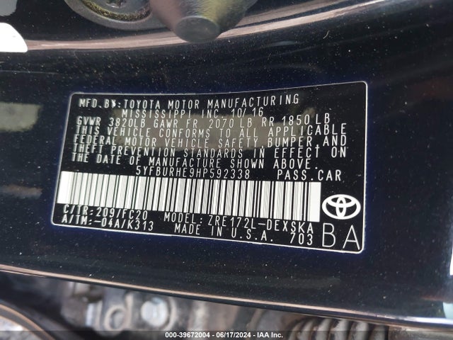 Toyota COROLLA SE 2017 5YFBURHE9HP592338 Image 9