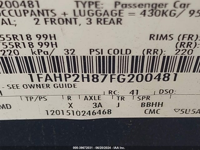 Ford TAURUS SEL 2015 1FAHP2H87FG200481 Image 9