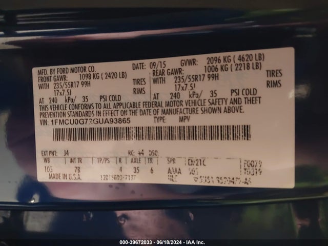 Ford ESCAPE SE 2016 1FMCU0G72GUA93865 Image 9