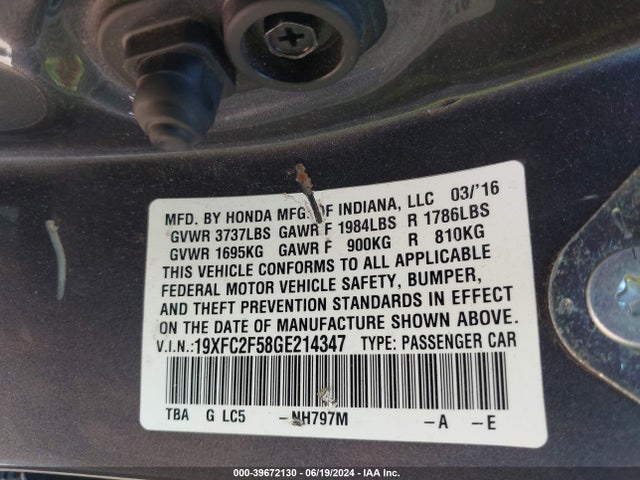 Honda Civic Lx 2016 19XFC2F58GE214347 Image 9