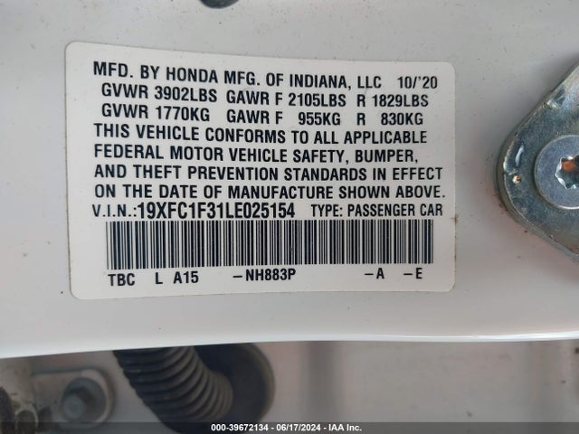 Honda CIVIC EX 2020 19XFC1F31LE025154 Image 9