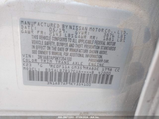 3N1AB7AP9KY354100 Nissan SENTRA S