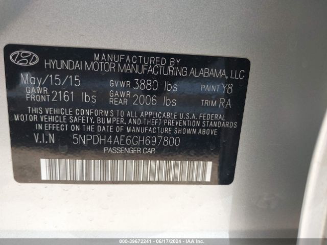 5NPDH4AE6GH697800 Hyundai ELANTRA SE