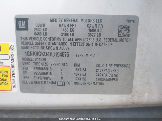 Chevrolet Traverse 1lt 2017 1GNKVGKD4HJ194676 Image 9