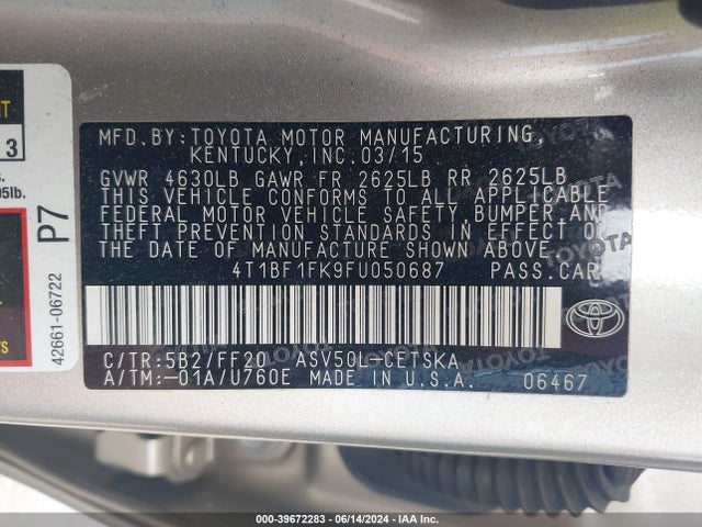 Toyota CAMRY SE 2015 4T1BF1FK9FU050687 Image 9