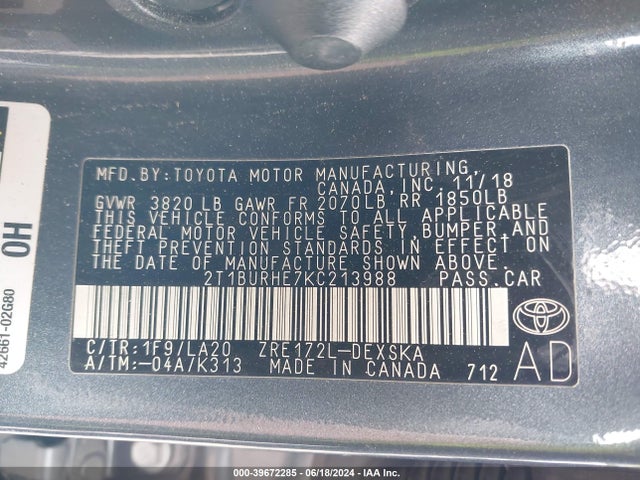 Toyota Corolla Xse 2019 2T1BURHE7KC213988 Image 9
