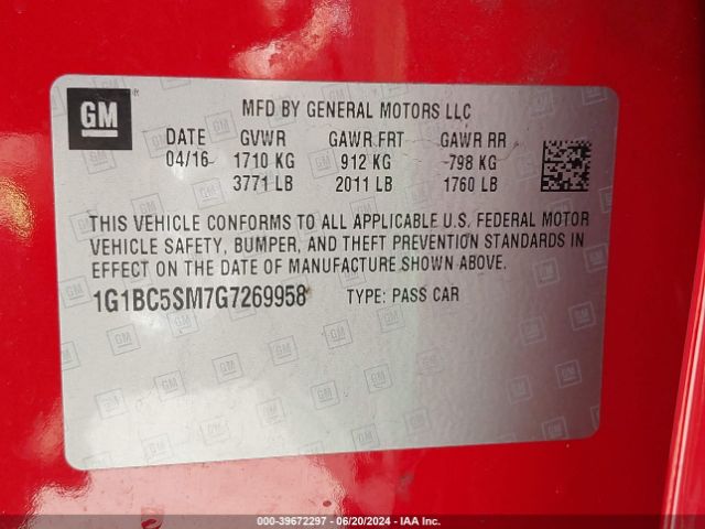 1G1BC5SM7G7269958 Chevrolet Cruze Ls Auto