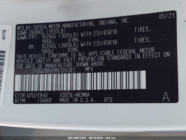 5TDGZRBH7MS124281 Toyota Highlander Xle