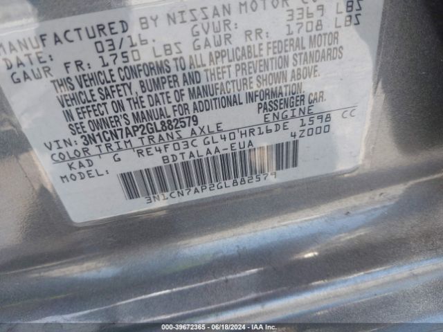 3N1CN7AP2GL882579 Nissan Versa 1.6 S