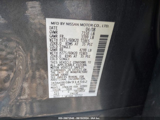 Aukcja sprzedaży 2008 Infiniti Qx56, vin: 5N3AA08D58N914562, numer aukcji: 39672548