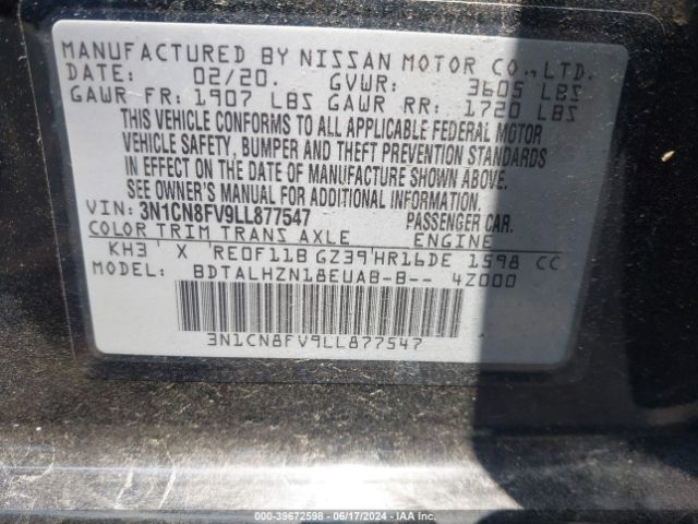 3N1CN8FV9LL877547 Nissan Versa Sr Xtronic Cvt